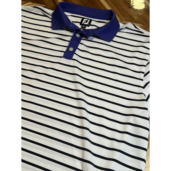 Footjoy Polo Mens Large Navy Stripe White Short Sleeve Golf Harmony Landing Logo - Picture 1 of 6